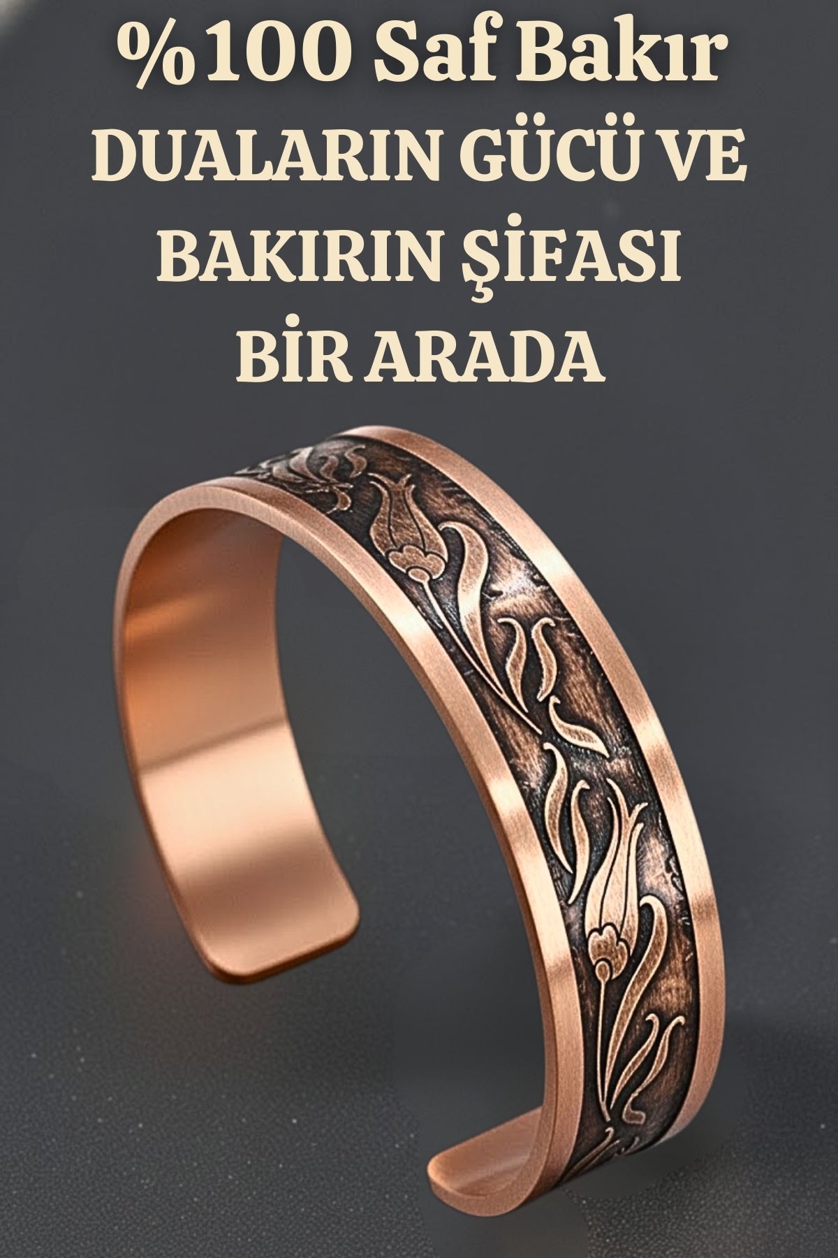 Lale Motifli Lazer Kazıma Dualı Bakır Bileklik Felak Nas Celcelutiye Hz Süleyman Mühürü Koruyucu