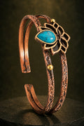 Firuze Taşlı Çiçek Motifli Saf Bakır Kadın Bileklik El Yapımı Ayarlanabilir Kelepçe