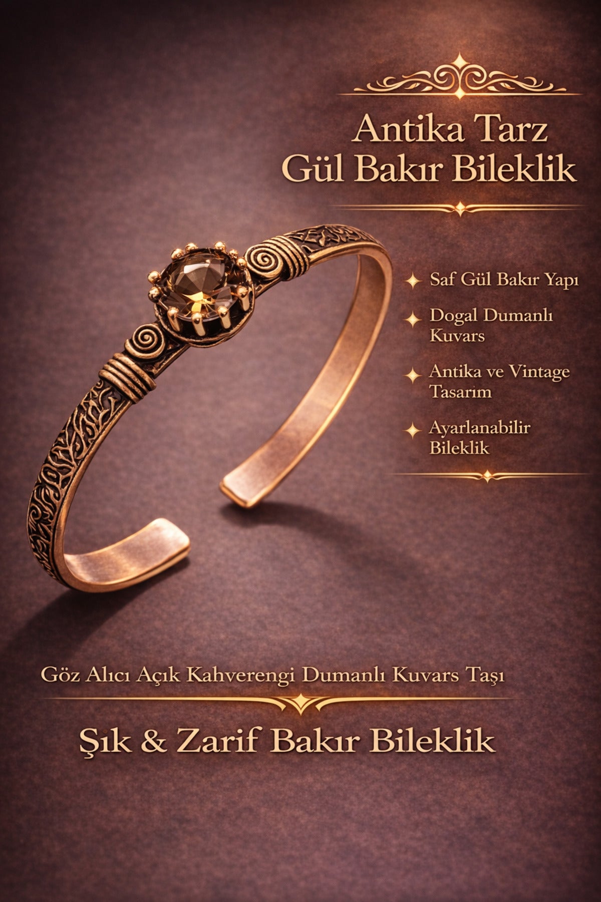 Kadın Bakır Bileklik Otantik Model Zultanit Taşlı Kelepçe Bilezik