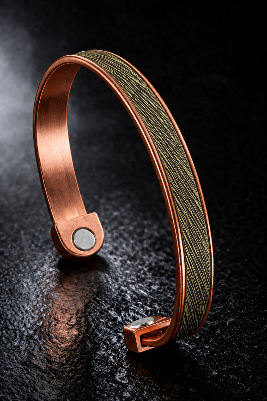 İnce Çizgi Desenli Çift Mıknatıslı Saf Bakır Erkek Kelepçe Bileklik