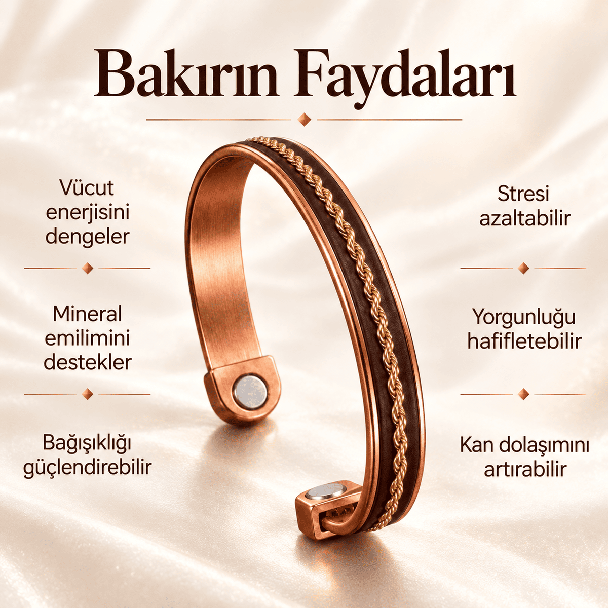Burgu Zincir Detaylı Çift Mıknatıslı Saf Bakır Erkek Kadın Kelepçe Bileklik