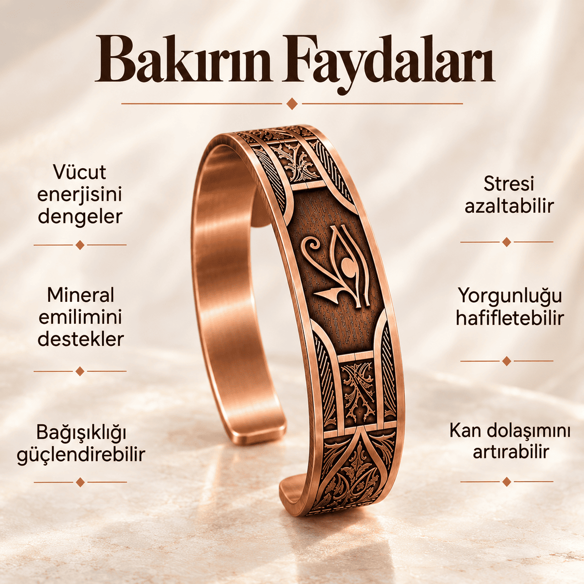 Horus'un Gözü İşlemeli Bakır Bileklik Otantik El İşçiliği Ayarlanabilir Unisex Tasarım