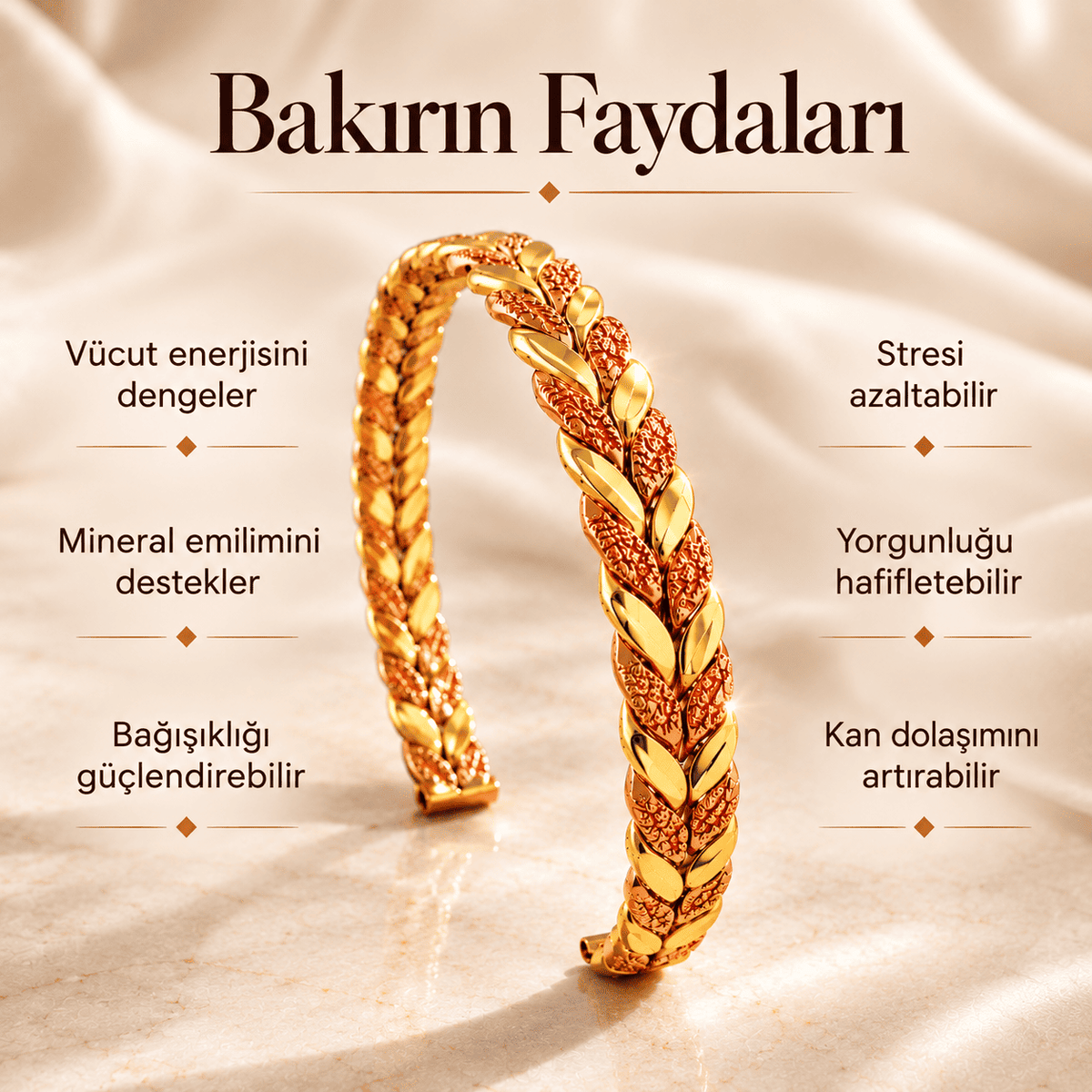 Yaprak Desenli Kadın Bakır Bileklik Otantik El İşçiliği Ayarlanabilir Tasarım