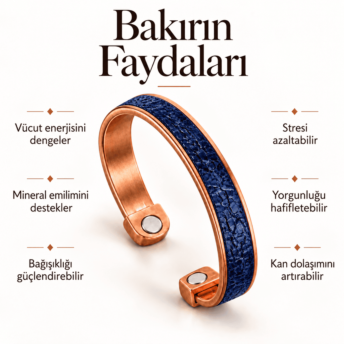 Lacivert Gerçek Yılan Derisi Detaylı Çift Mıknatıslı Saf Bakır Erkek Bileklik Ayarlanabilir Kelepçe