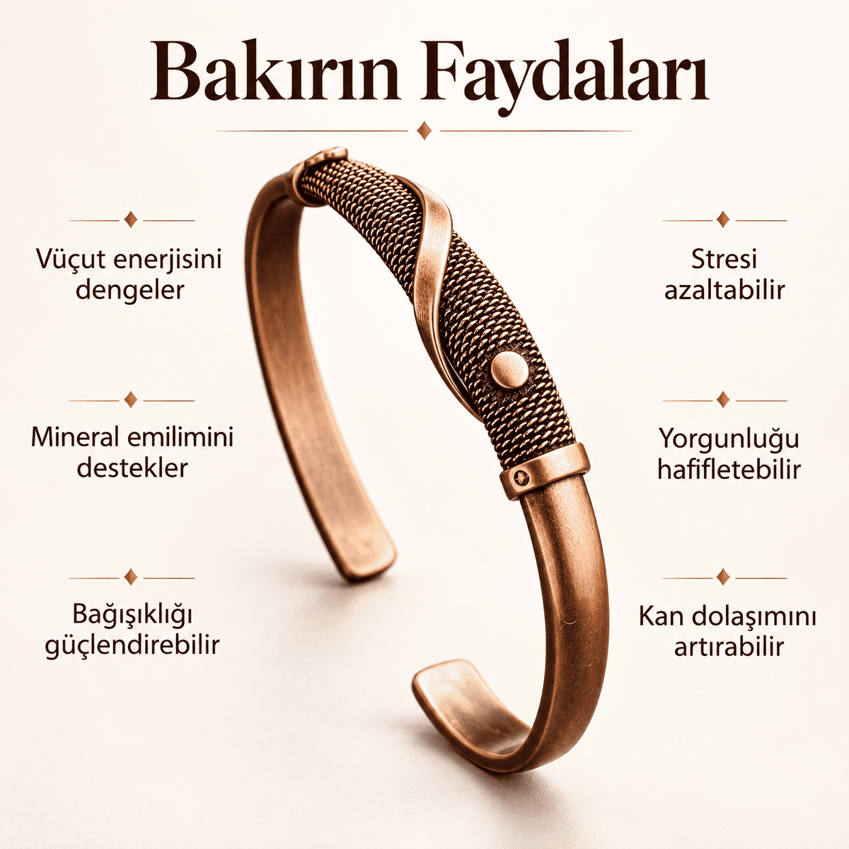 Dokulu Yüzeyli El Yapımı Bakır Kadın Bileklik