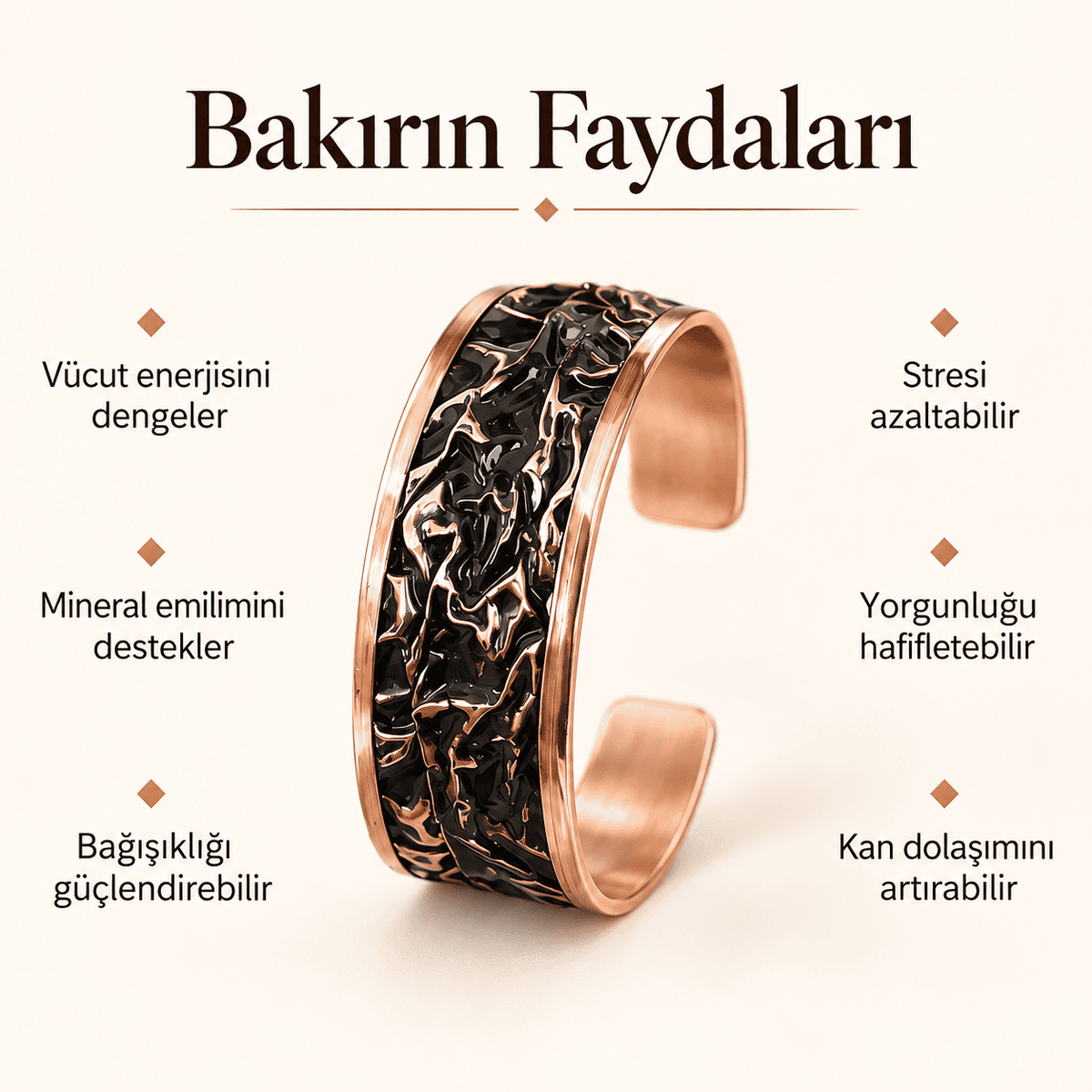 El Yapımı Buruşuk Desenli Siyah Bakır Erkek Kadın Bileklik