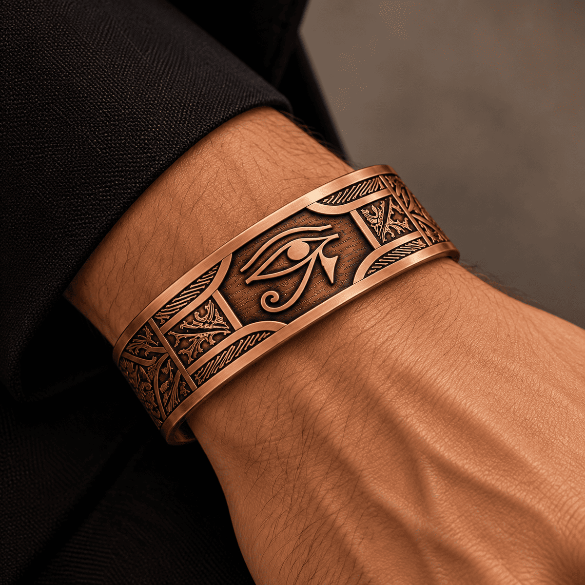 Horus'un Gözü İşlemeli Bakır Bileklik Otantik El İşçiliği Ayarlanabilir Unisex Tasarım
