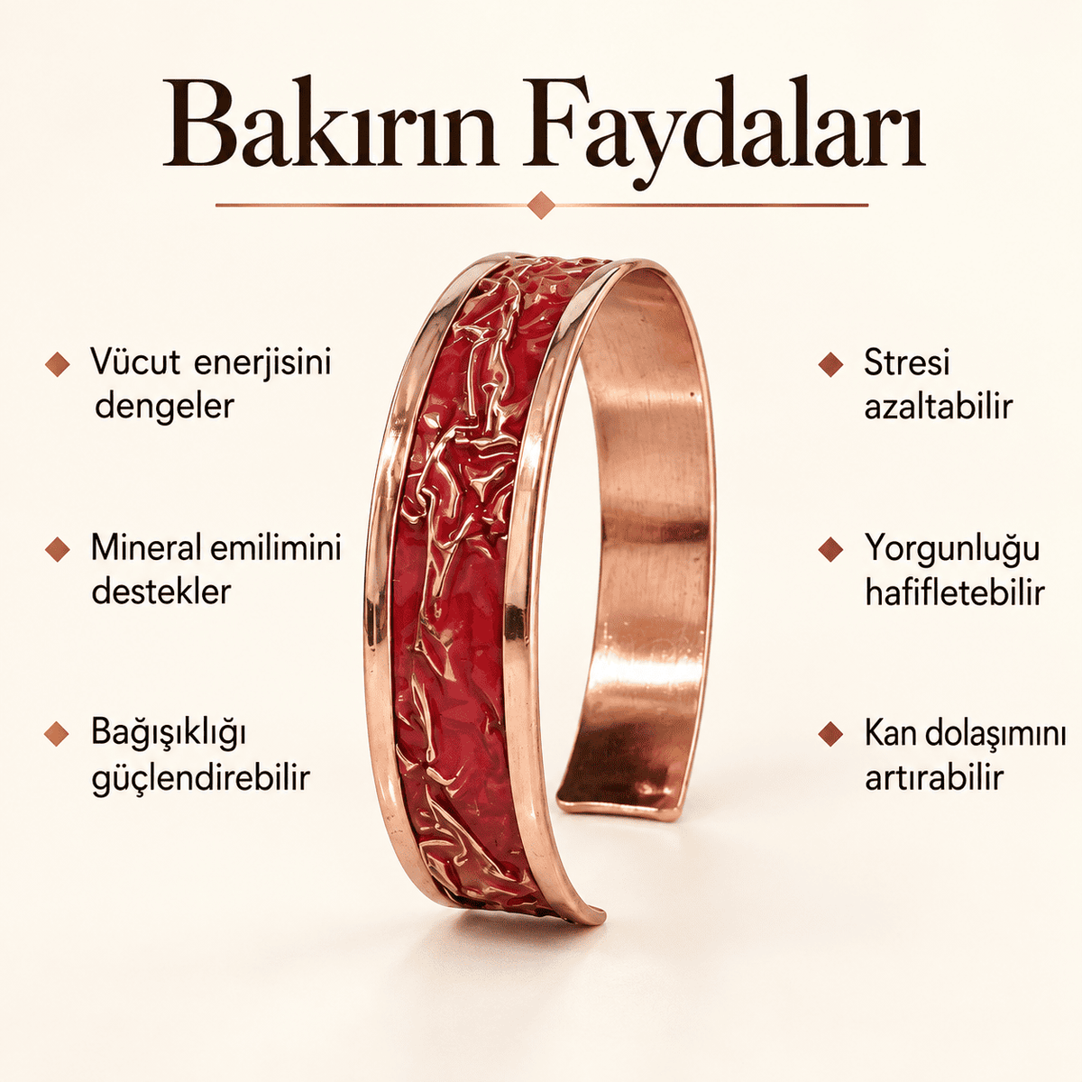 El Yapımı Buruşuk Desenli Kırmızı Bakır Erkek Kadın Bileklik