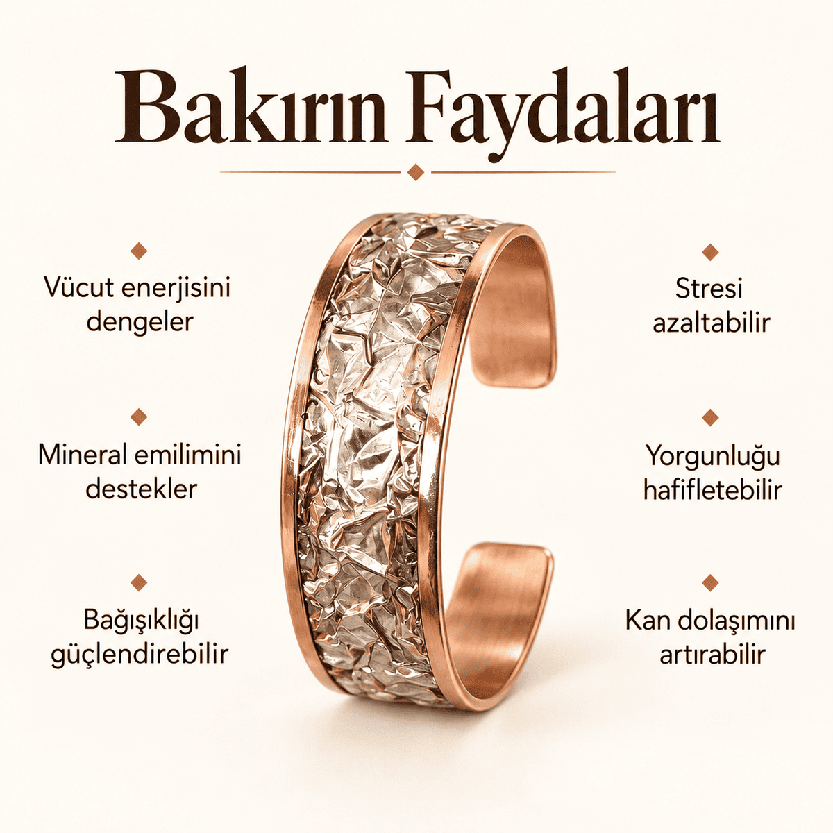 El Yapımı Buruşuk Desenli Gümüş Suyu Bakır Erkek Kadın Bileklik