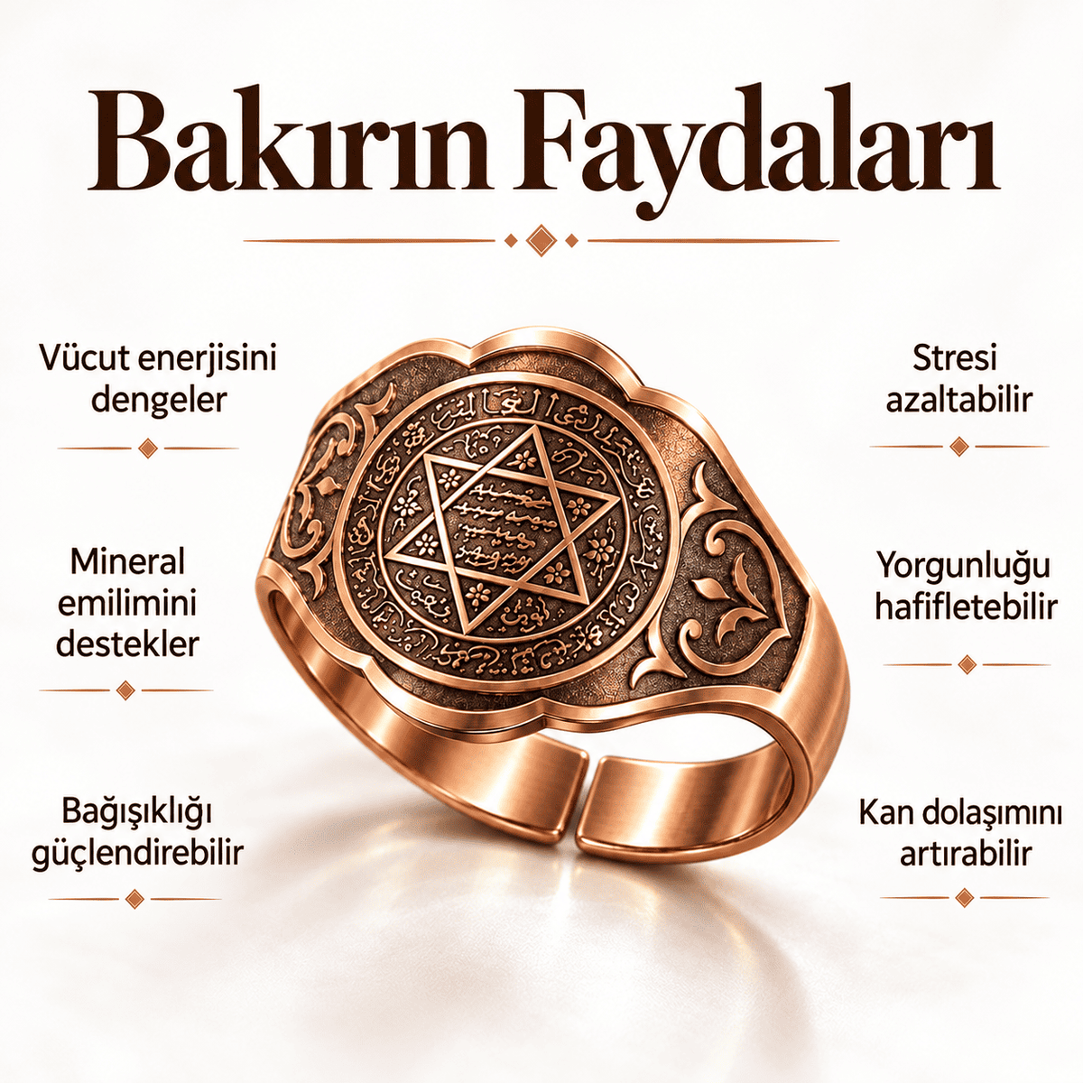 Hz. Süleyman Mührü Motifli Saf Bakır Erkek Yüzük Ayarlanabilir Eskitme Tasarım