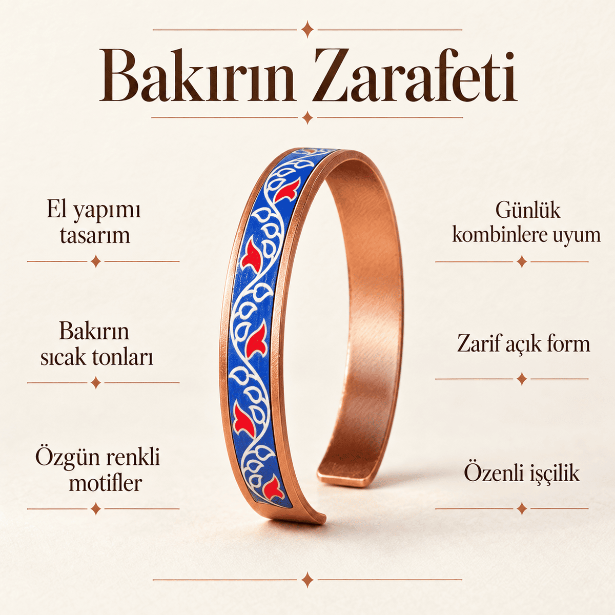 Osmanlı Motifli UV Baskılı Özel Tasarım Lale Zarafeti El Yapımı Bakır Bileklik