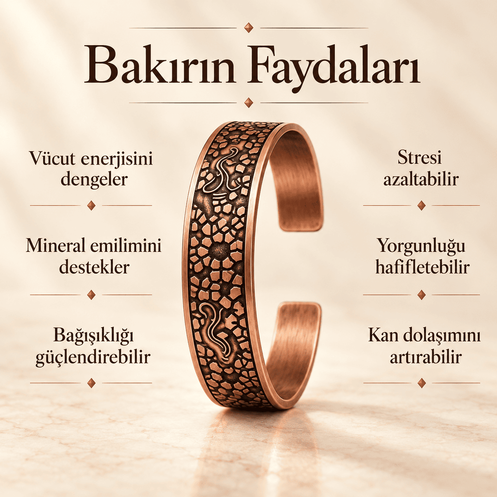 Etnik Mozaik Desenli Saf Bakır Kelepçe Erkek Kadın Bileklik