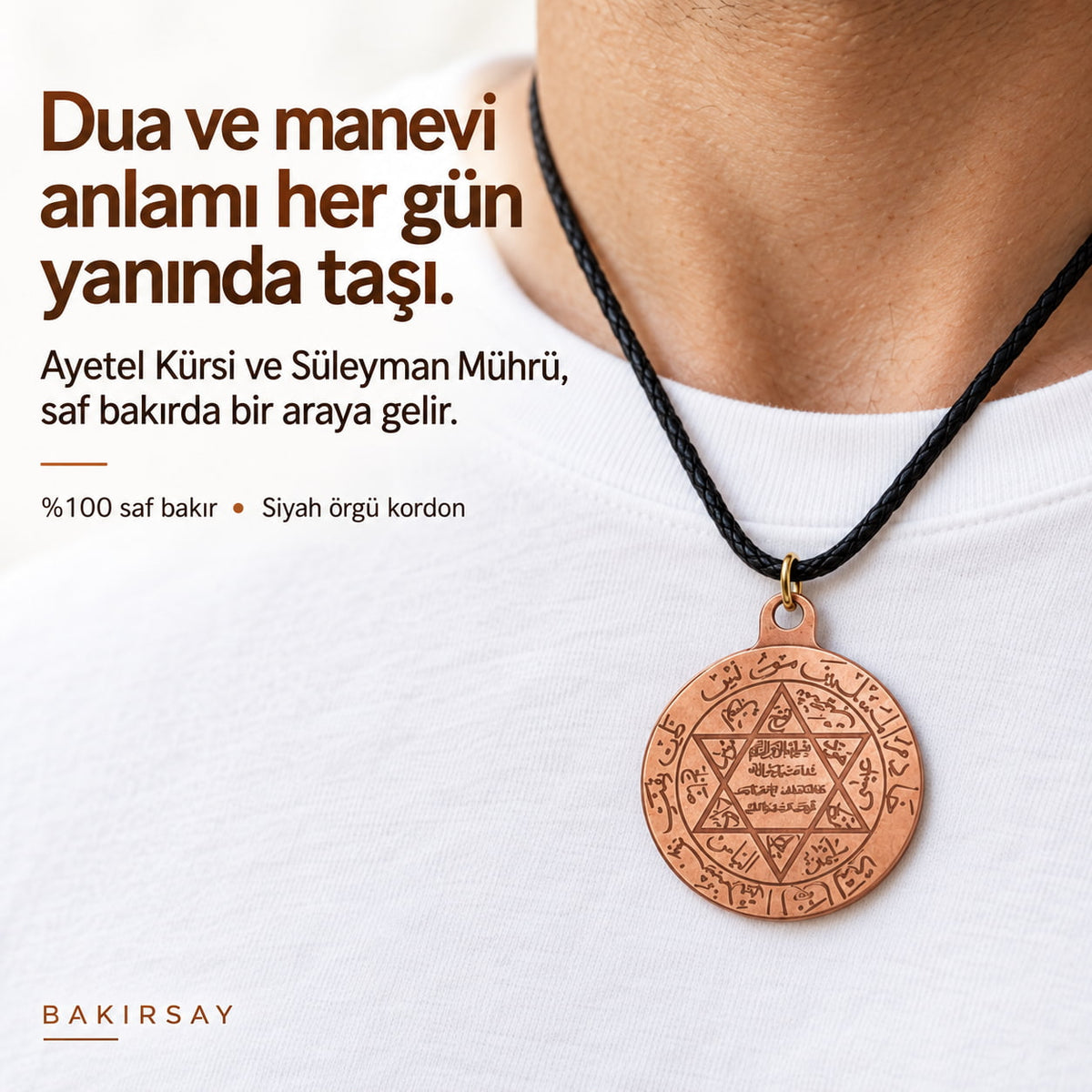 %100 Saf Ayetel Kürsi ve Süleyman Mührü İşlemeli Bakır Kolye