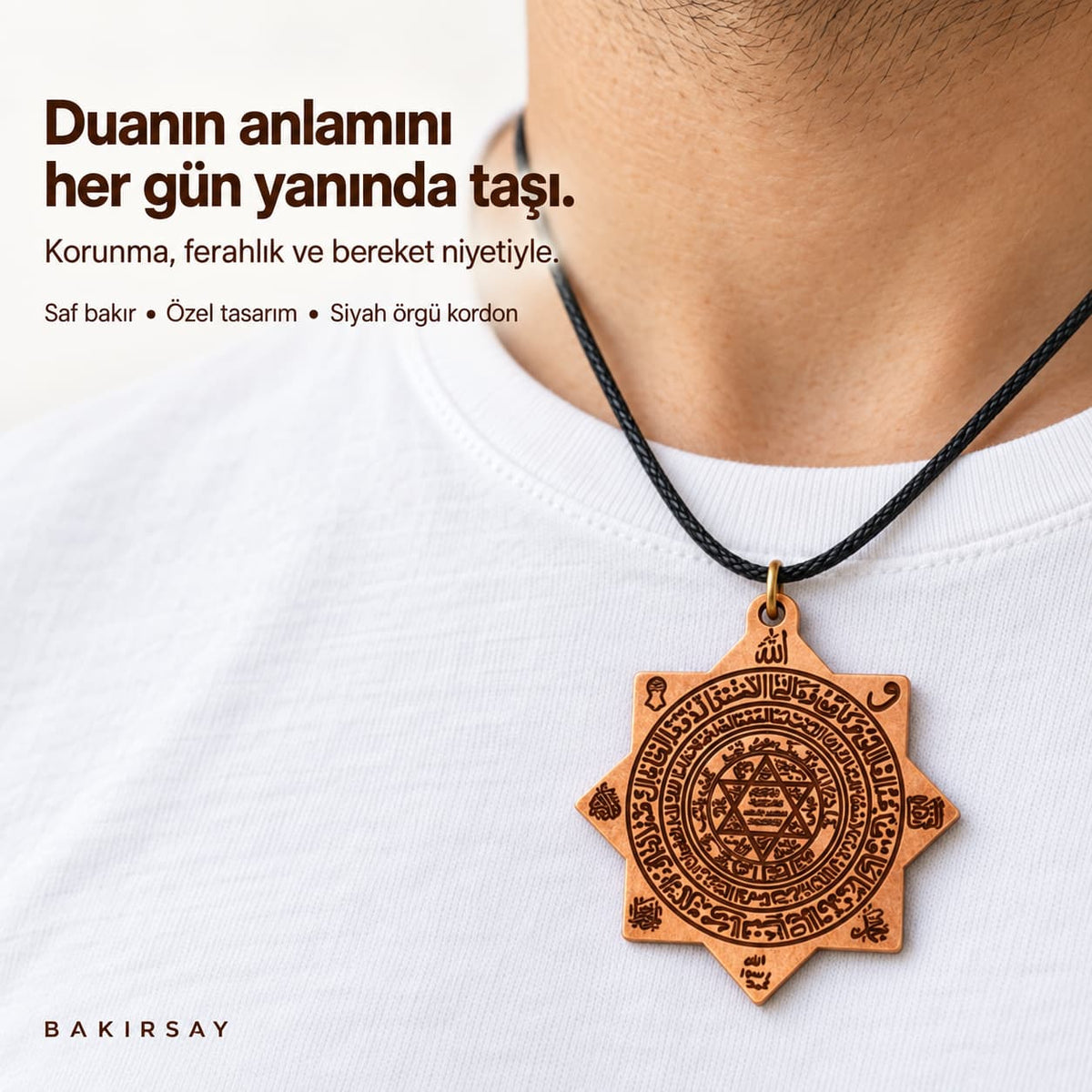 Özel Tasarım Saf Bakır Kolye Ayatel Kürsi Süleyman Mührü İnşirah Nazar Felak Nas Karınca Duası