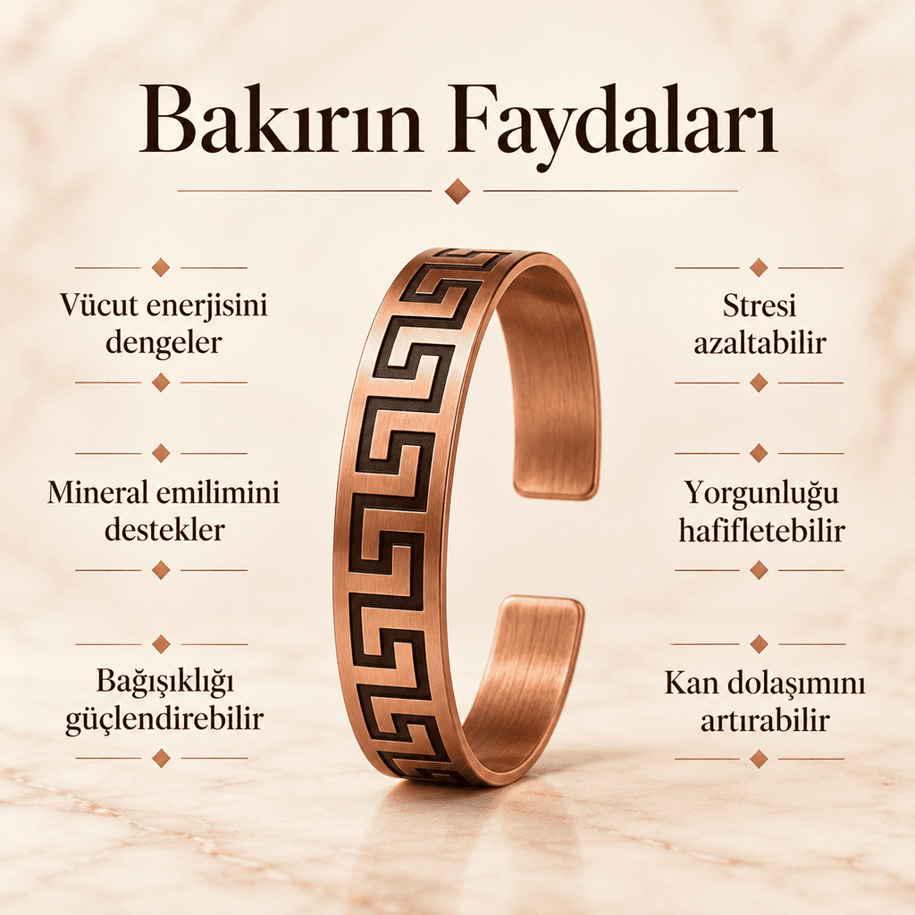 Grek Anahtarı Şerit Desenli Erkek Kadın Saf Bakır Kelepçe Bileklik