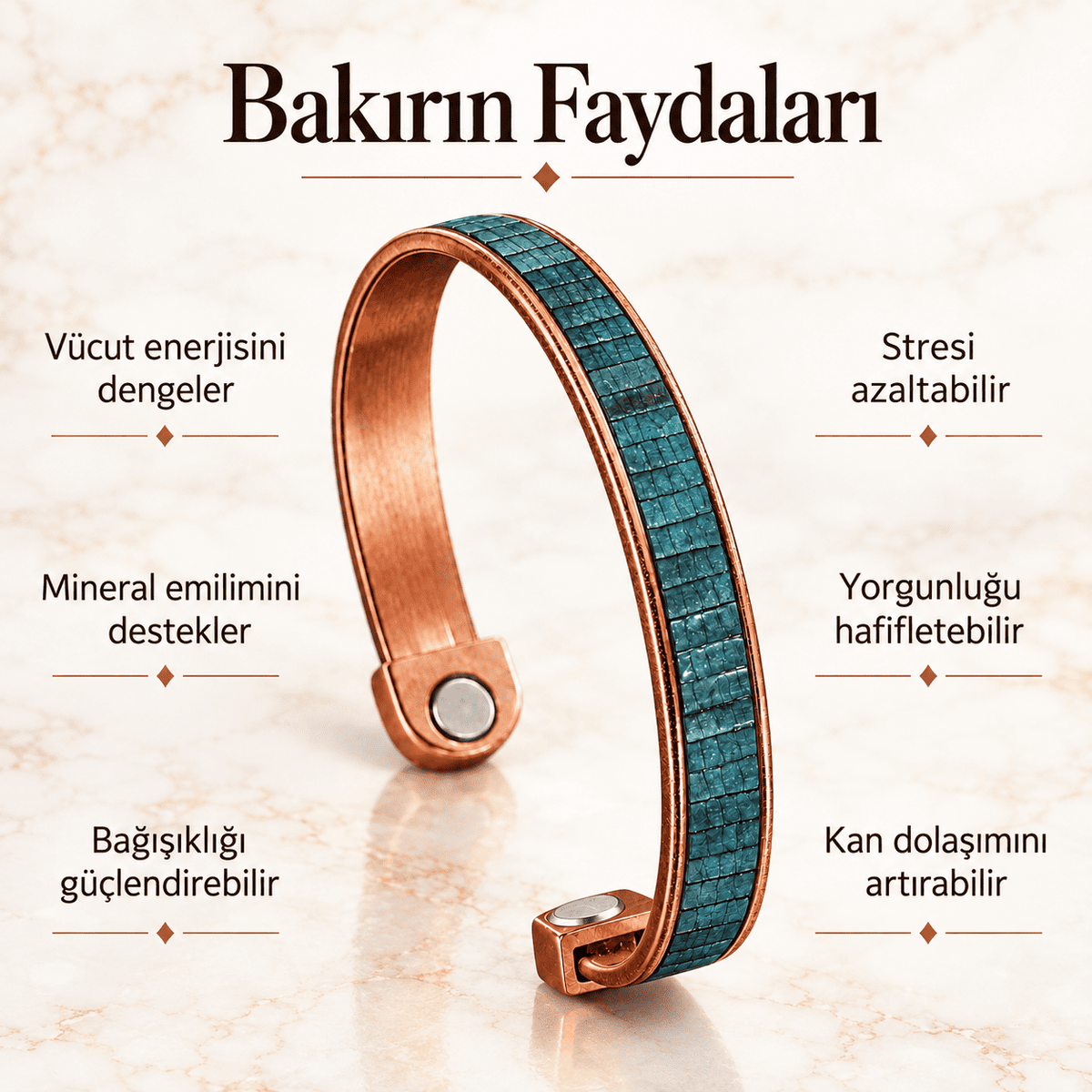 Gerçek Turkuaz Yılan Derisi Detaylı Çift Mıknatıslı Saf Bakır Erkek Bileklik Ayarlanabilir Kelepçe