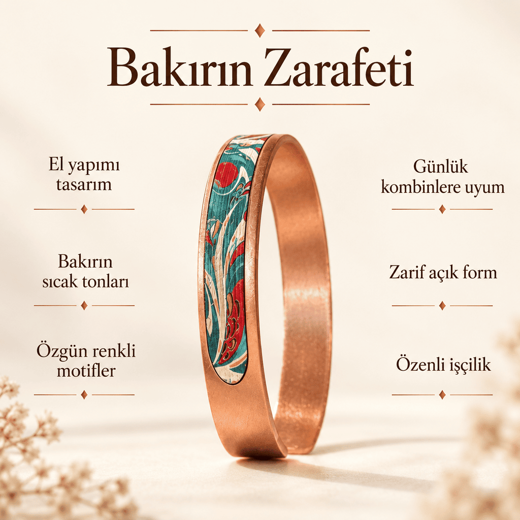 Turkuaz Zemin Üzerine Kırmızı Motifli UV Baskı El Yapımı Bakır Bileklik