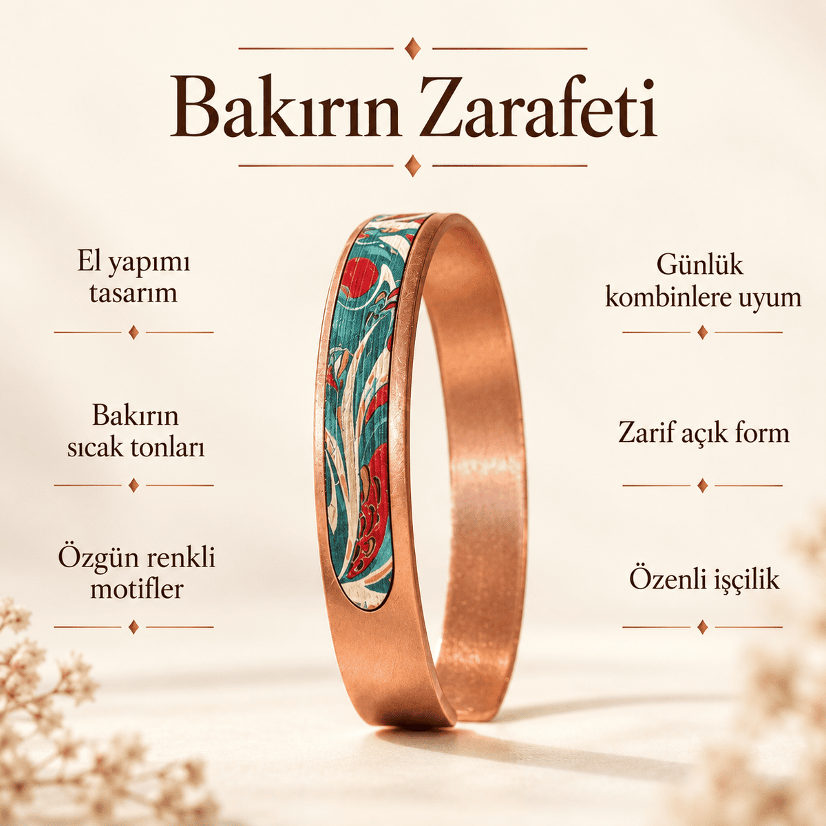 Turkuaz Zemin Üzerine Kırmızı Motifli UV Baskı El Yapımı Bakır Bileklik