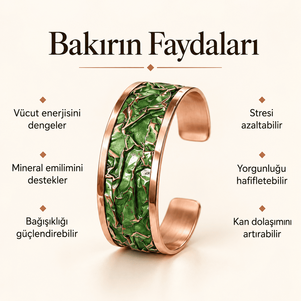 El Yapımı Buruşuk Desenli Yeşil Bakır Erkek Kadın Bileklik