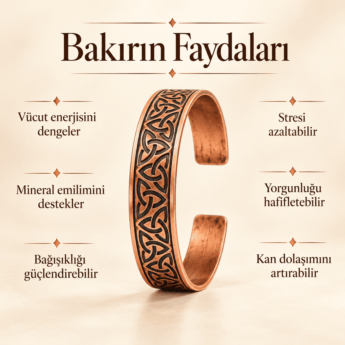 Üçlü Düğüm Desenli Saf Bakır Kadın Erkek Kelepçe Bileklik