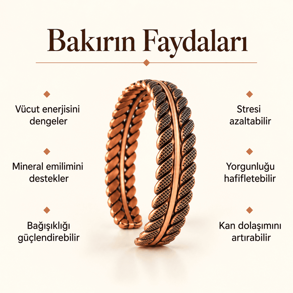Nokta Desenli El Yapımı Saf Bakır Erkek Kadın Bileklik