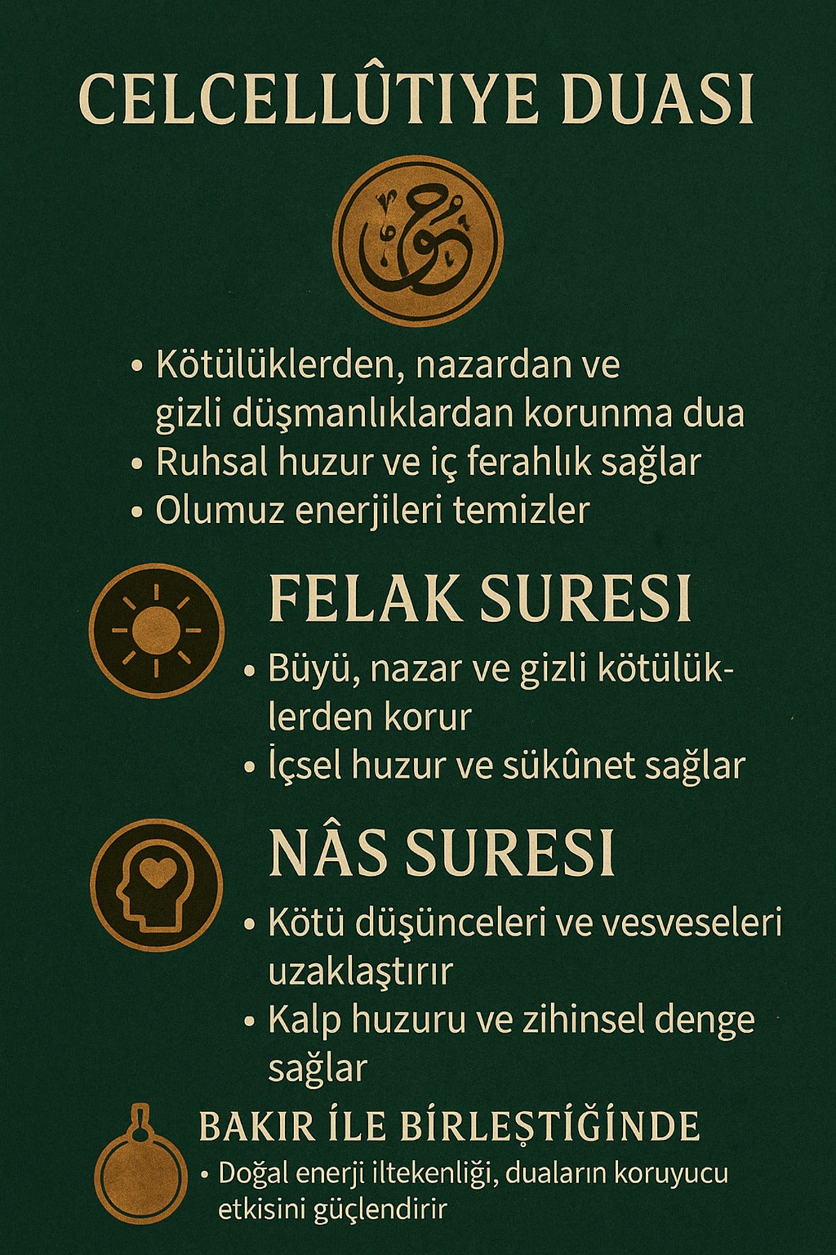 Desenli Dualı Bakır Bileklik Felak, Nas, Celcelutiye ve Hz. Süleyman Mühürlü Koruyucu Lazer Kazımalı
